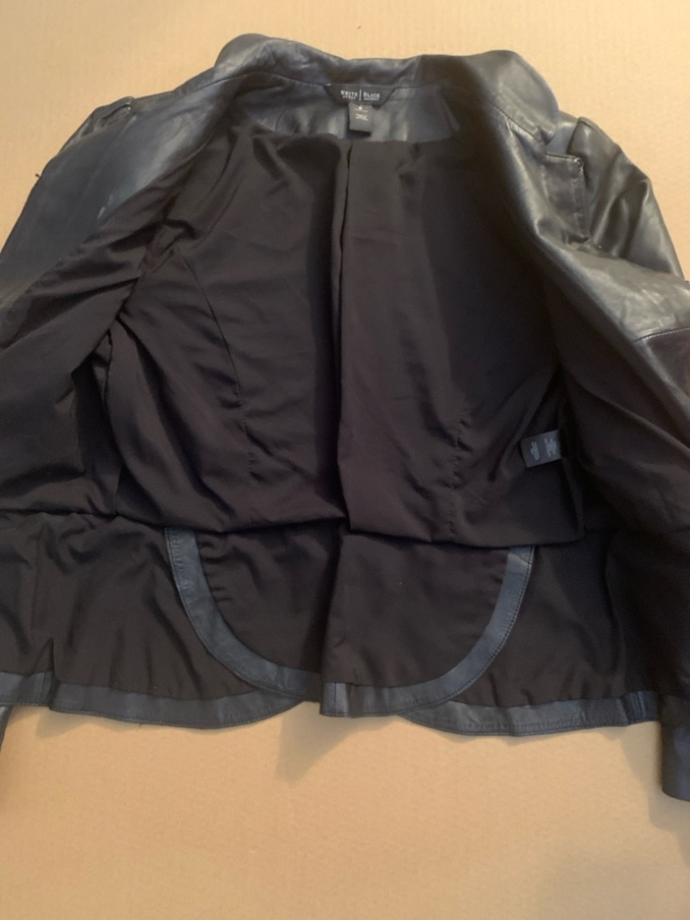 White House Black Market Black Leather Ruffle-Front Jacket. - Picture 8 of 12